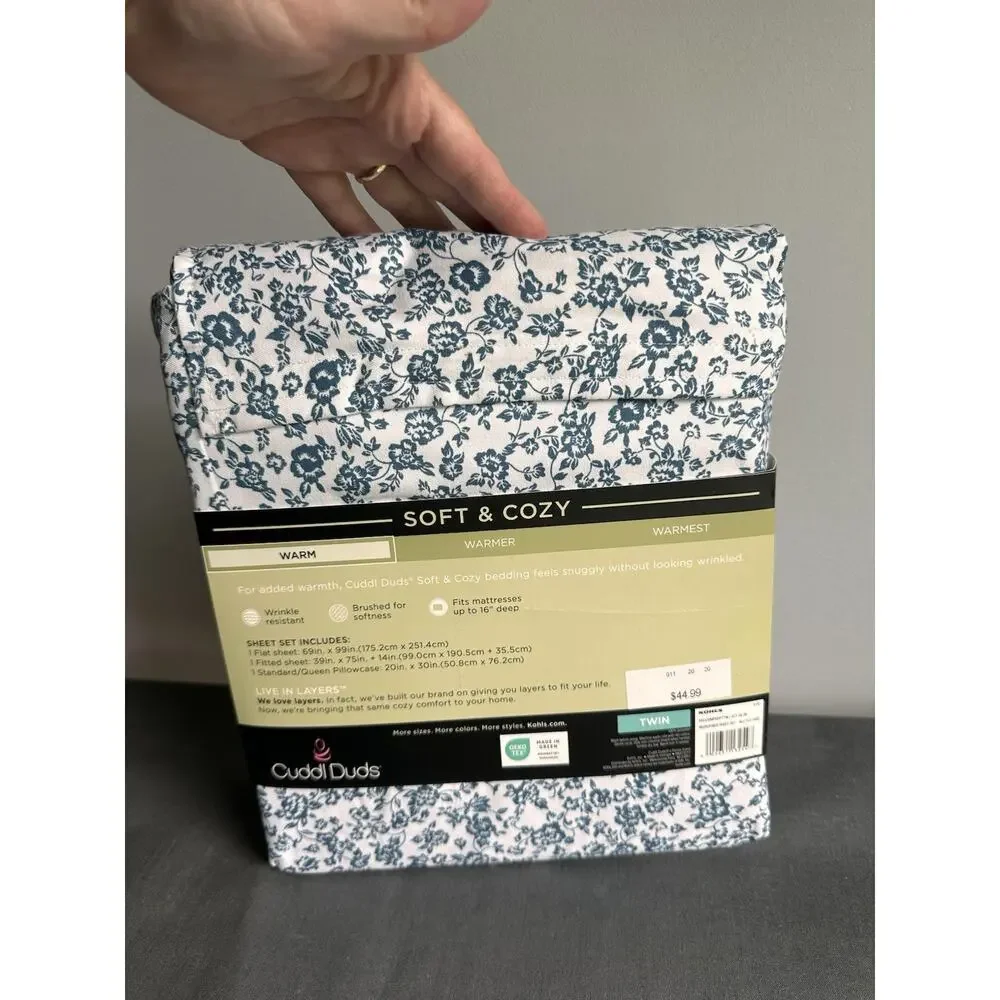 Cuddl Duds Microfiber Sheet Set 3 Piece Twin Size 16” Deep Pocket Blue Floral